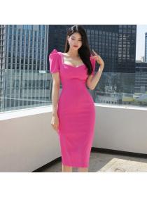 Korean style Fashion Square neck Short sleeve dress 