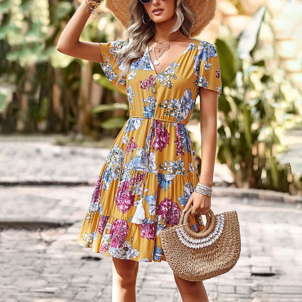 European style Summer Bohemia Printed Short sleeve dress