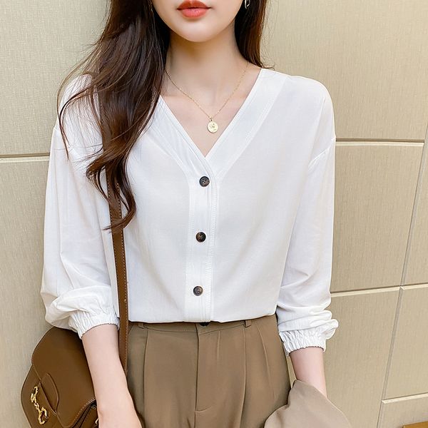 Korean style V collar Long sleeve Cotton shirt