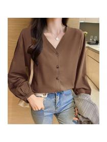 Korean style V collar Long sleeve Cotton shirt 