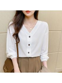 Korean style V collar Long sleeve Cotton shirt 
