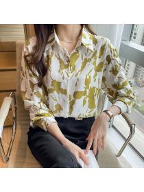 Korean style Retro fashion Black printed Chic blouse 