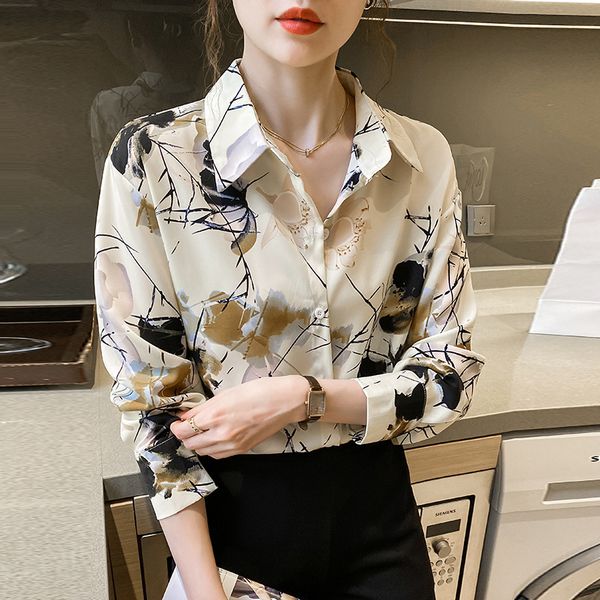 Korean style Chic Ink Printed Loose Chiffon Long sleeve blouse