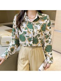 Korean style Chic Polo collar Printed Long sleeve blouse 