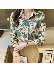 Korean style Chic Polo collar Printed Long sleeve blouse 