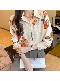 Korean style Chic Polo collar Printed Chiffon Long sleeve blouse 