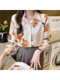 Korean style Chic Polo collar Printed Chiffon Long sleeve blouse 