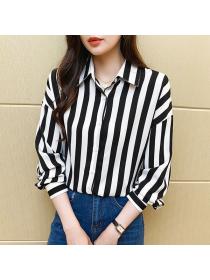 Korean style Polo collar Stripe Blouse for women
