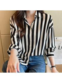 Korean style Polo collar Stripe Blouse for women