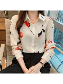 Korean style Polo collar Long sleeve Silk blouse for women