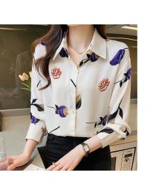 Korean style Polo collar Long sleeve Silk blouse for women