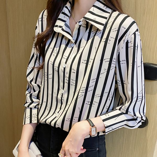 Korean style Polo collar OL Stripe Blouse for women