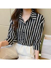 Korean style Polo collar OL Stripe Blouse for women