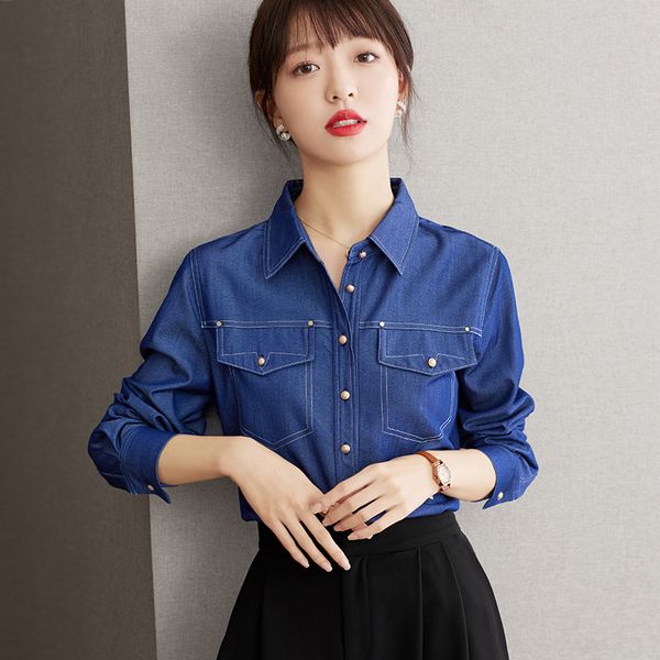 Korean style Denim Blue Loose Blouse for women