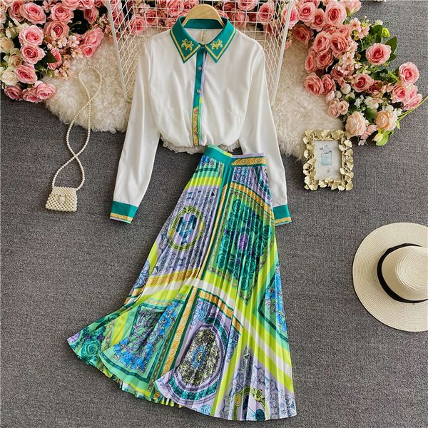Vintage style Fashion Printed blouse+High waist Pleated skirt 2 pcs set