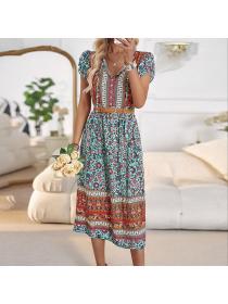 European style Summer V collar Printed Short sleeve dress 