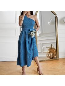 European style Summer Solid color Casual Single shoulder dress 