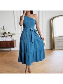 European style Summer Solid color Casual Single shoulder dress 