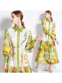 European style Autumn fashion Polo collar Printed Long sleeve dress 