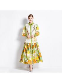 European style Autumn fashion Polo collar Printed Long sleeve dress 