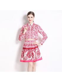 European style luxury Printed Long sleeve top+Pleated skirt