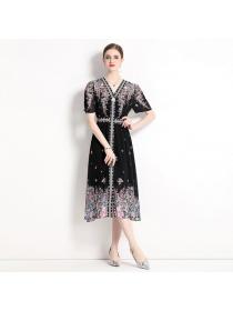 European style luxury Summer Short sleeve V collar dress 