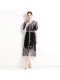 European style luxury Summer Short sleeve V collar dress 