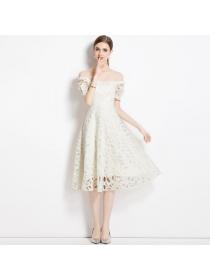 European style luxury Summer Lace High waist A-line dress 