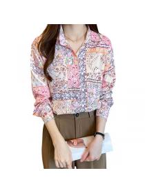 Korean style Retro Printed Matching Loose Long sleeve blouse
