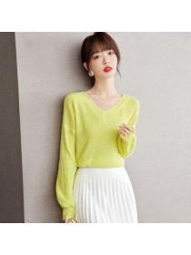 Korean style V collar Green Pullovers
