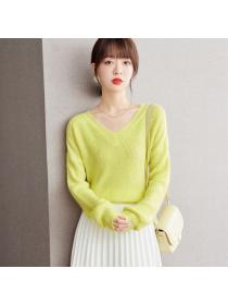 Korean style V collar Green Pullovers