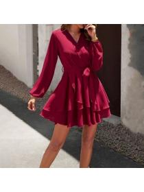 European style Solid color Sexy Long sleeve dress 