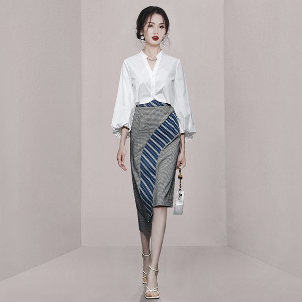 Korean style V collar Puff sleeve Blouse+High waist Long skirt
