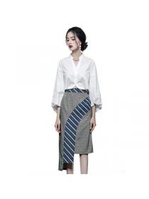 Korean style V collar Puff sleeve Blouse+High waist Long skirt 