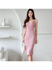 Korean style Summer Sleeveless V neck One step dress 