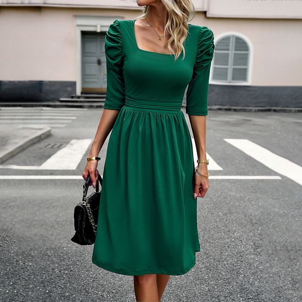 European style Autumn fashion Solid color Elegant dress