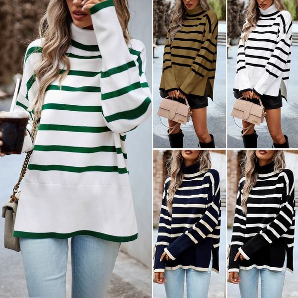 European style Stripe High collar Knitted Sweater 