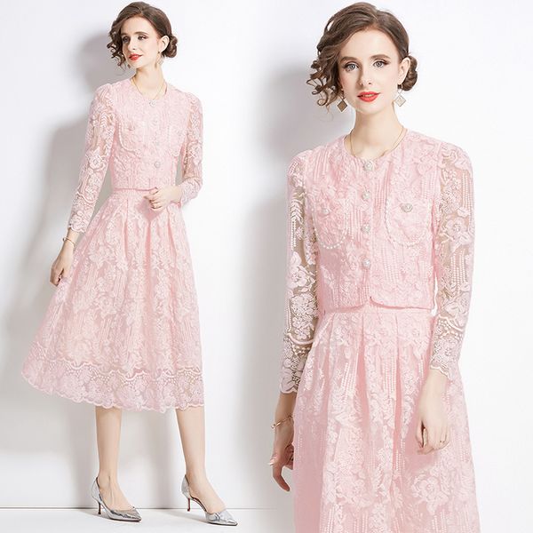 European style Lace Long sleeve Fashion top and Long skirt