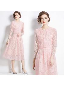 European style Lace Long sleeve Fashion top and Long skirt 