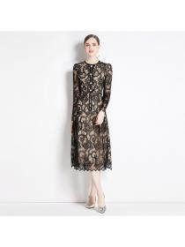European style Lace Long sleeve Round collar Elegant dress 