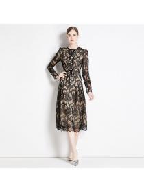 European style Lace Long sleeve Round collar Elegant dress 