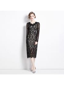 European style Lace Long sleeve V collar Elegant dress 