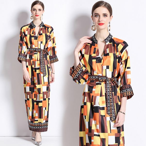 European style Matching Loose Printed Dress with belt