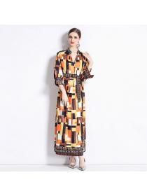 European style Matching Loose Printed Dress with belt 