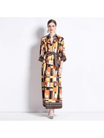 European style Matching Loose Printed Dress with belt 