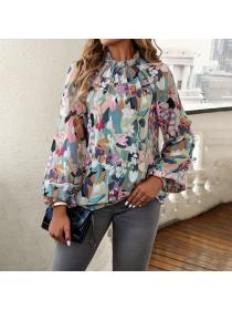 European style Casual Printed Round collar Blouse 
