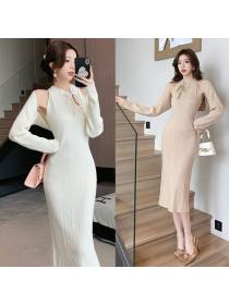 Korea style Retro fashion V collar Fake 2 pcs Dress 