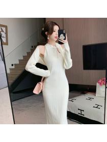 Korea style Retro fashion V collar Fake 2 pcs Dress 