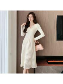 Korea style Fashion V collar Autumn Pleated dress 
