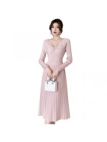 Korea style Fashion V collar Autumn Pleated dress 